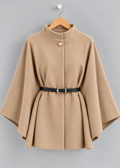 Black Funnel Neck Belted Cape Jacket