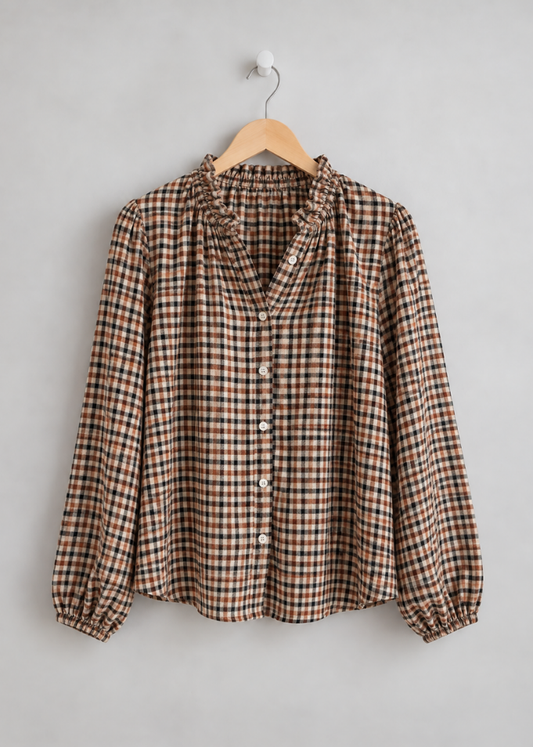 Cream Heritage Check Frill Collar Blouse
