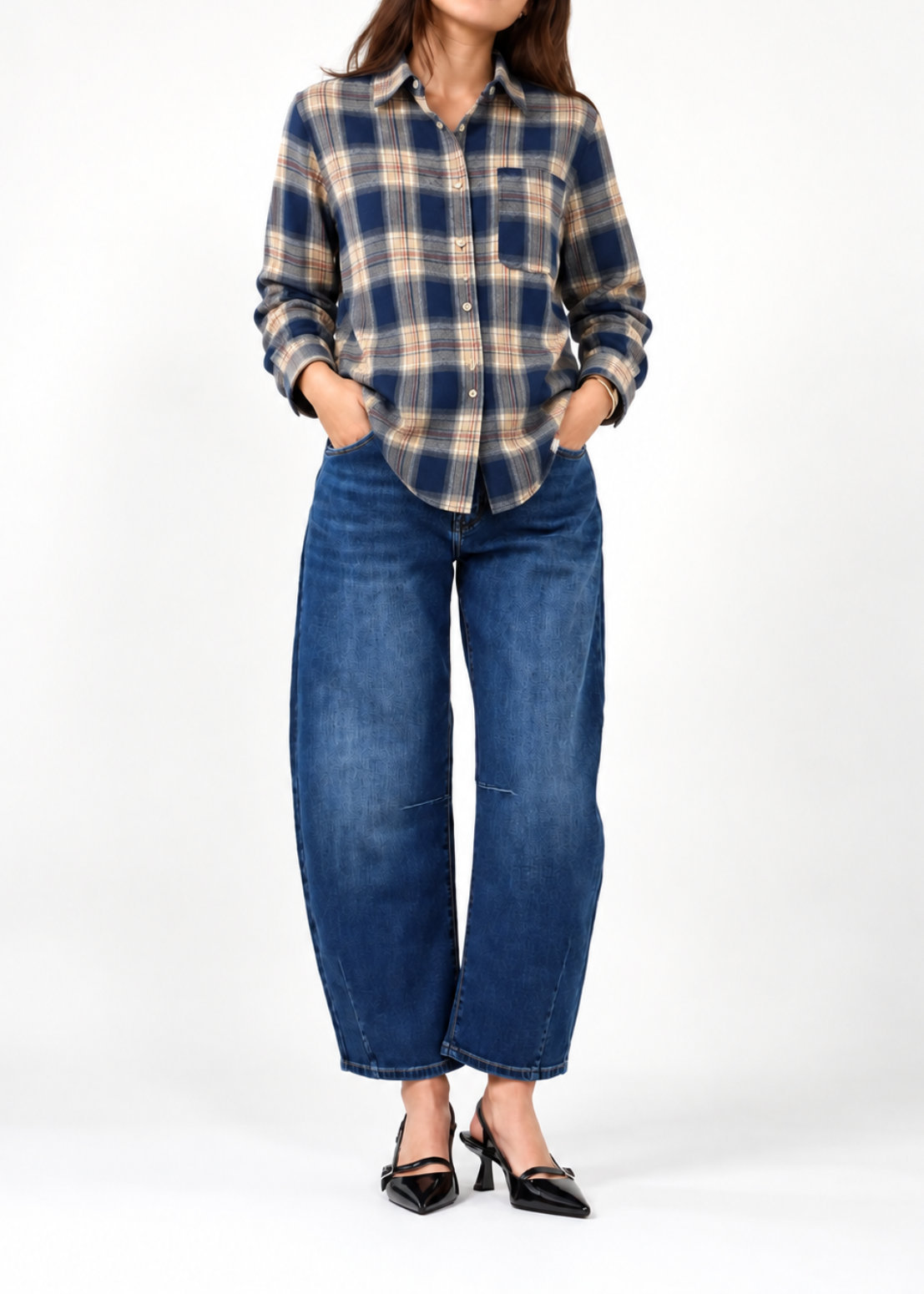 Navy Check Brushed Cotton Blend Shirt