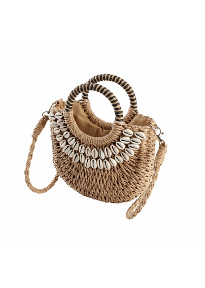 Camel 🐚 Shell Decor Small Straw Basket Bag
