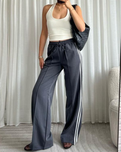 Grey Twill Double Stripe Wide Leg Trousers