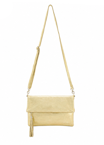 Gold Metallic Leather Fold-Over Clutch Bag