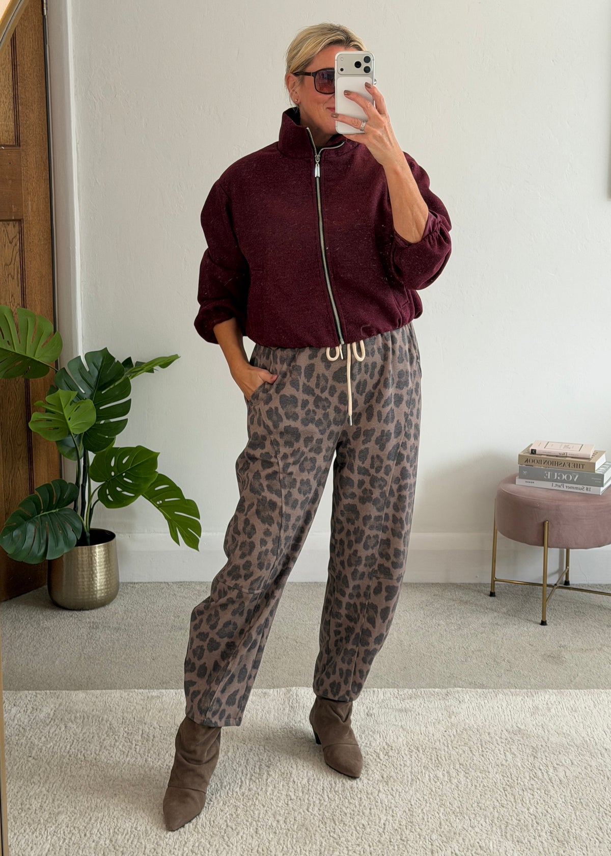 Burgundy Brushed Funnel Neck Zip Jacket