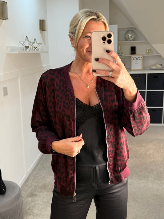 Burgundy Leopard Silk Mix Bomber Jacket