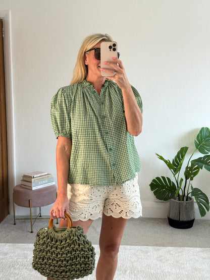 Khaki Gingham Frill Sleeve Blouse