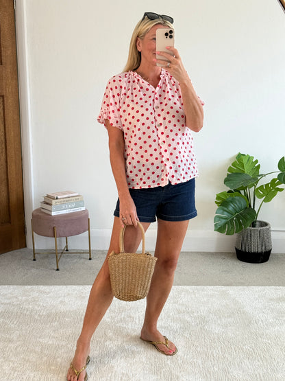 Red/Pink Polka Dot Frill Sleeve Blouse