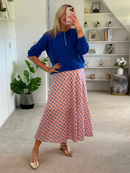 Orange/Blue Retro Check Flared Midi Skirt