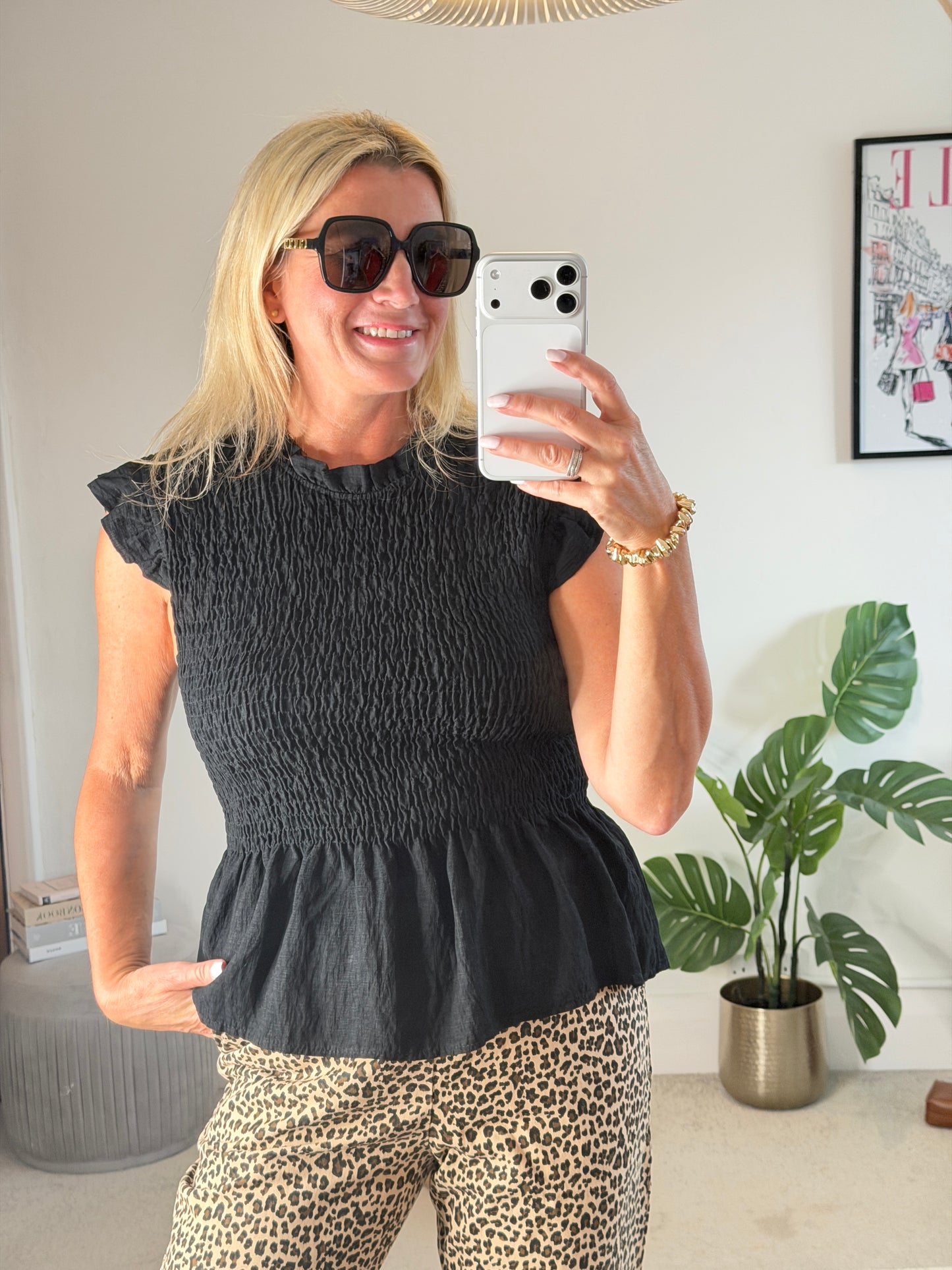 Black Smocked Peplum Top