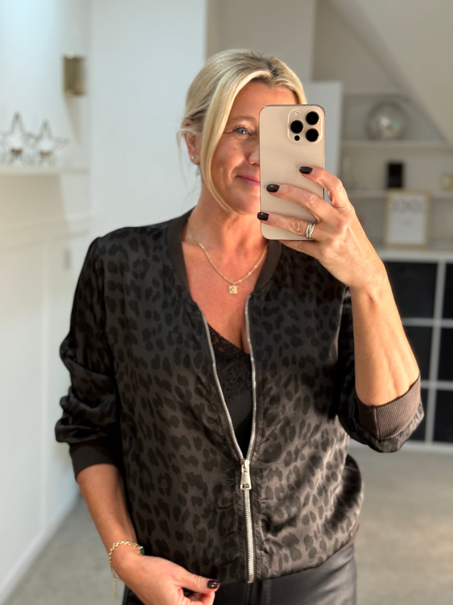 Dark Chocolate Leopard Silk Mix Bomber Jacket