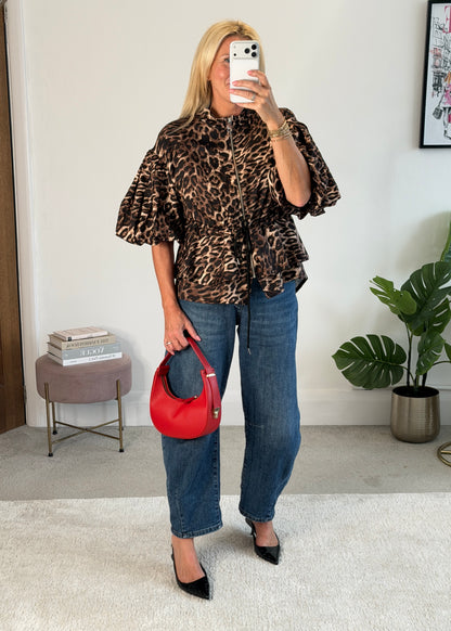 Leopard Balloon Sleeve Peplum Jacket