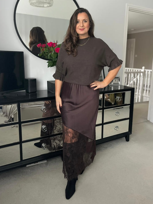 Chocolate Satin Asymmetric Lace Detail Maxi Slip Skirt