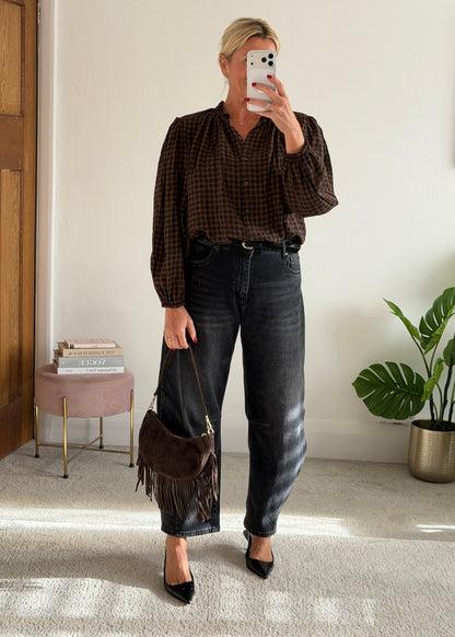 Black Heritage Check Frill Collar Blouse