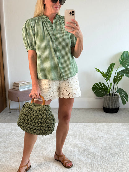 Khaki Gingham Frill Sleeve Blouse