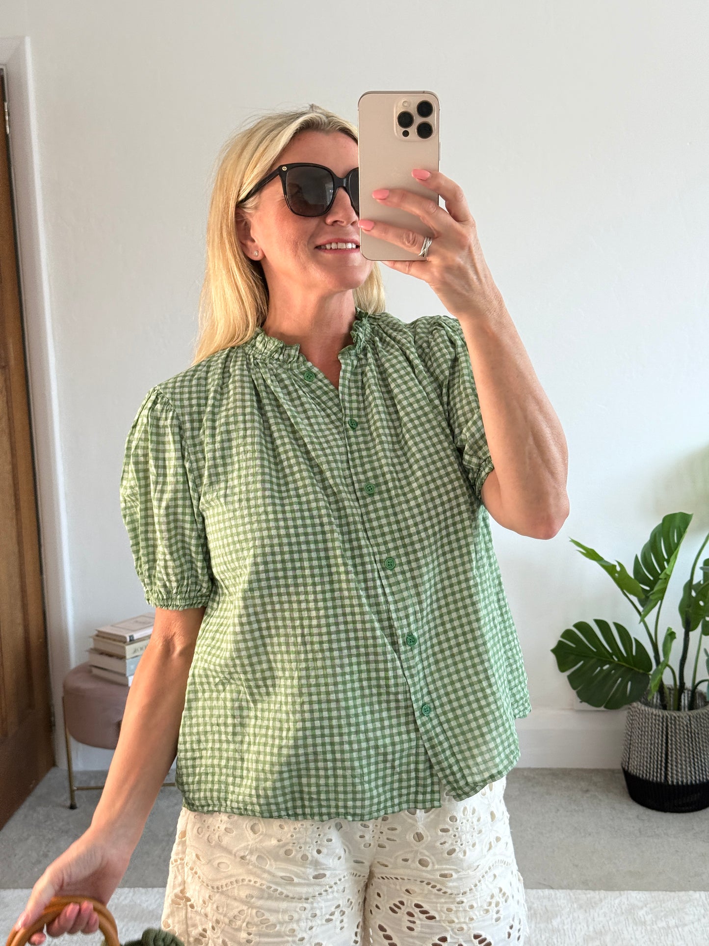 Khaki Gingham Frill Sleeve Blouse