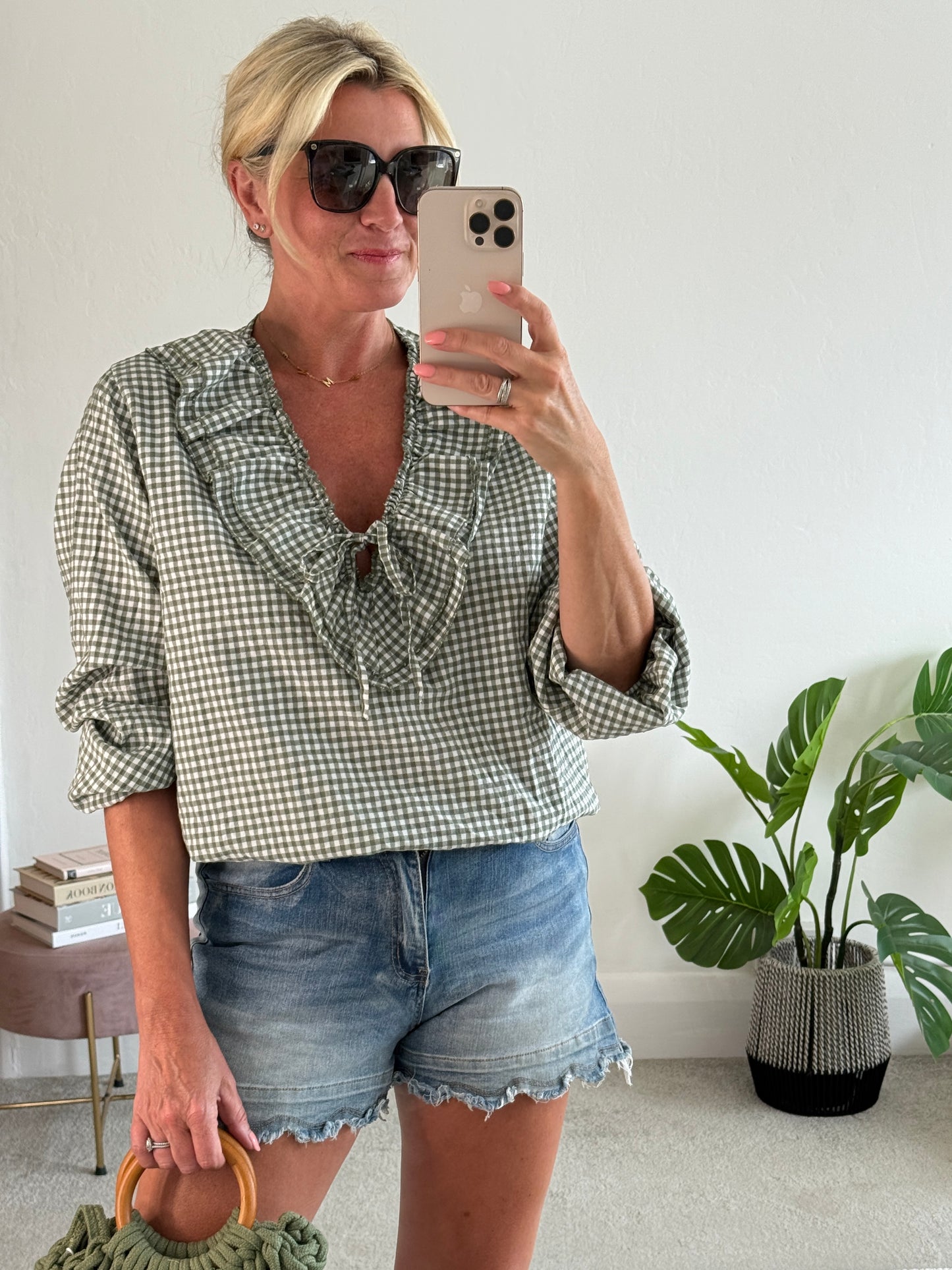 Khaki Gingham Ruffle Blouse