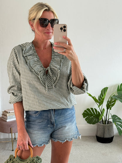 Khaki Gingham Ruffle Blouse
