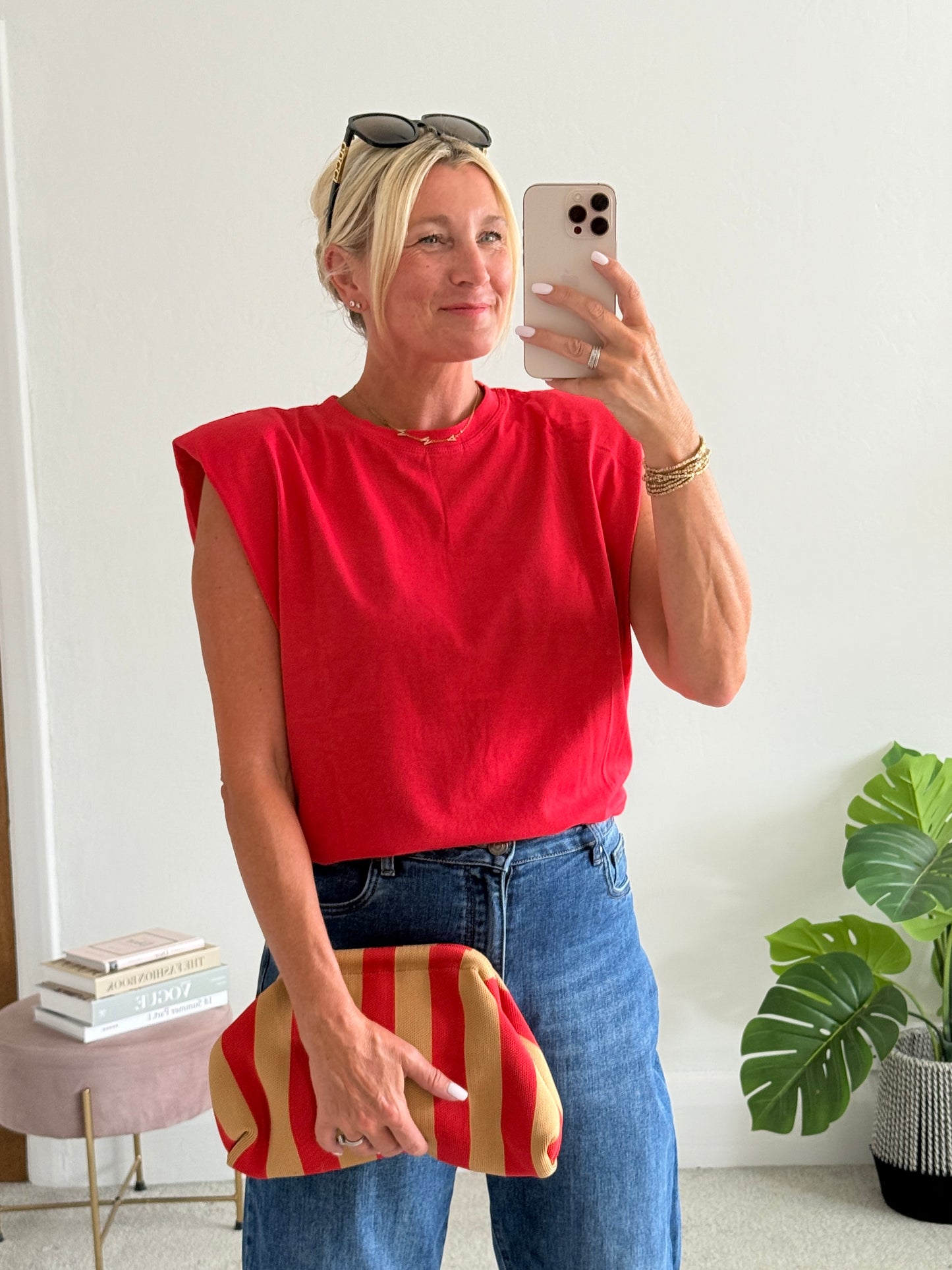 Red Structured Shoulder T-Shirt