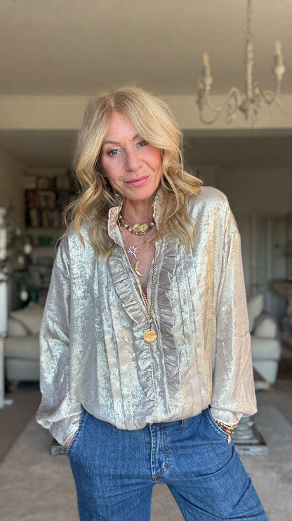 Black/Pewter Metallic Ruffle Front Blouse