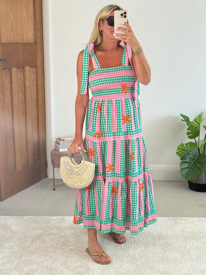 Green/Pink Gingham/Palm Shirred Maxi Dress