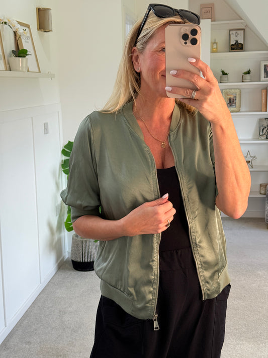 Khaki Silk Mix 1/2 Sleeve Bomber Jacket