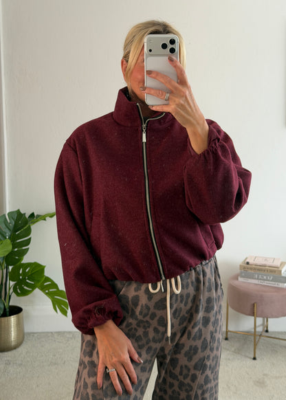 Burgundy Brushed Funnel Neck Zip Jacket