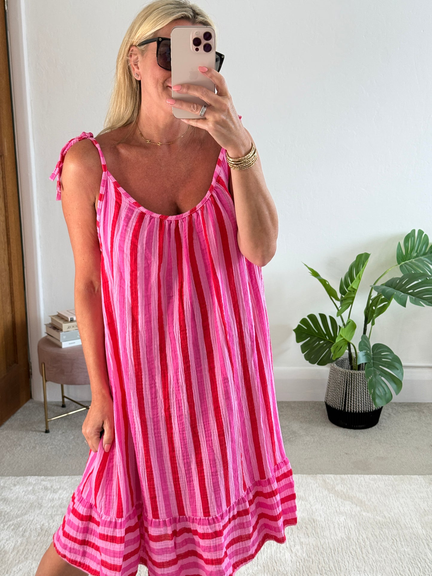 Red/Pink Cheesecloth Stripe Tie Shoulder Dress