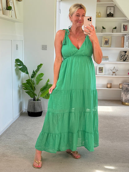 Kelly Green Tie Strap Tiered Maxi Dress