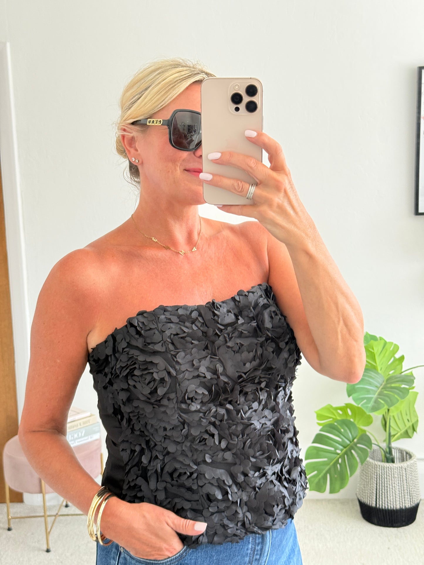 Black 3D Floral Bandeau Top