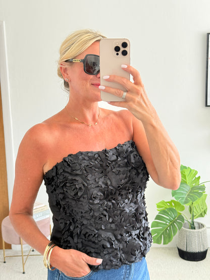 Black 3D Floral Bandeau Top