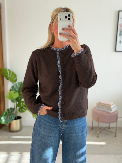 Chocolate/Blue Floral Frill Trim Cardigan