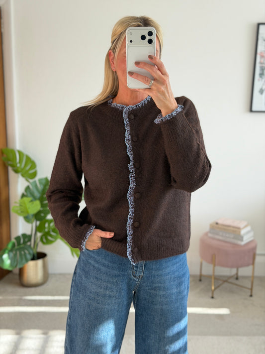 Chocolate/Blue Floral Frill Trim Cardigan