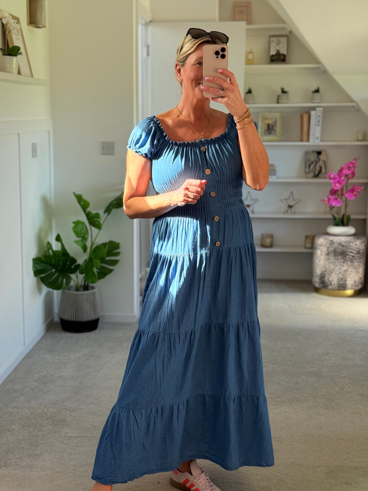 Blue Denim Bardot Tiered Maxi Dress