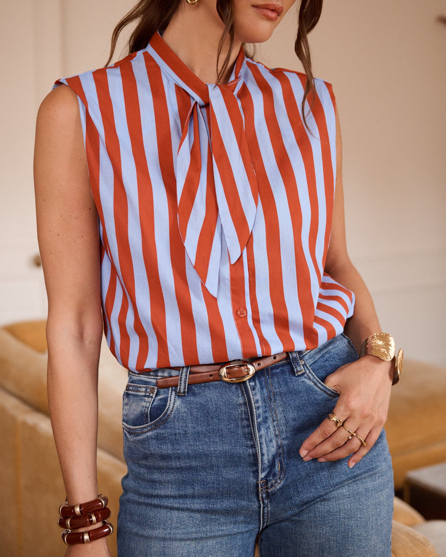 Cornflower Blue Stripe Tie-Neck Blouse