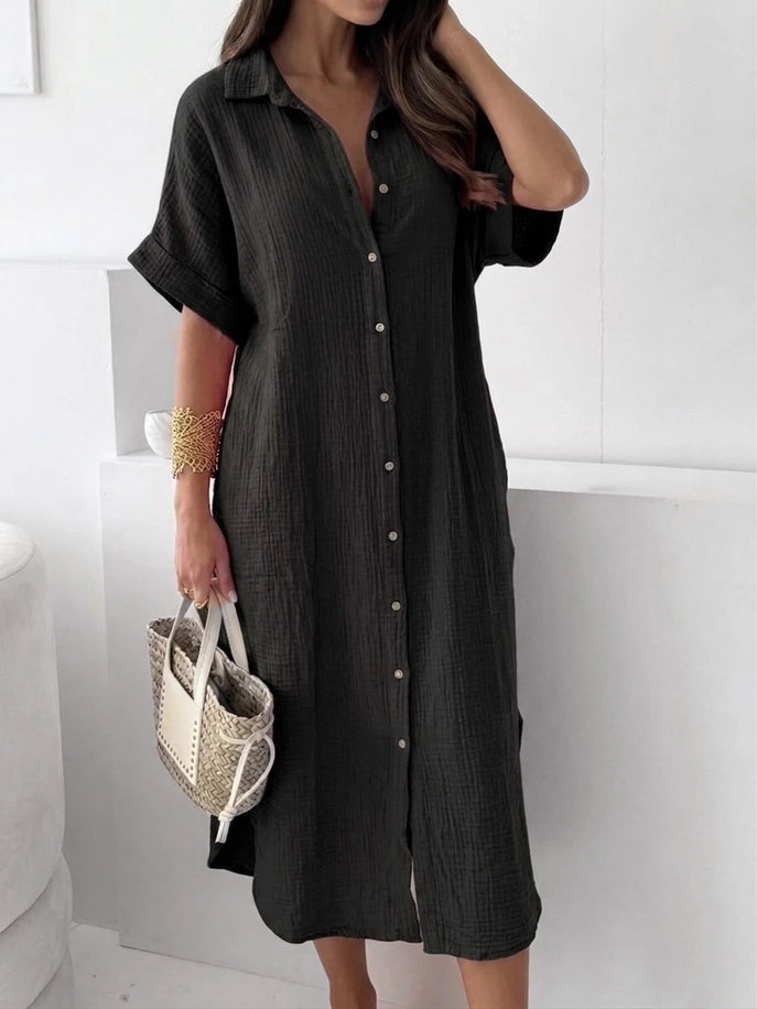 Black Cheesecloth Midi Shirt Dress