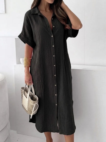 Black Cheesecloth Midi Shirt Dress