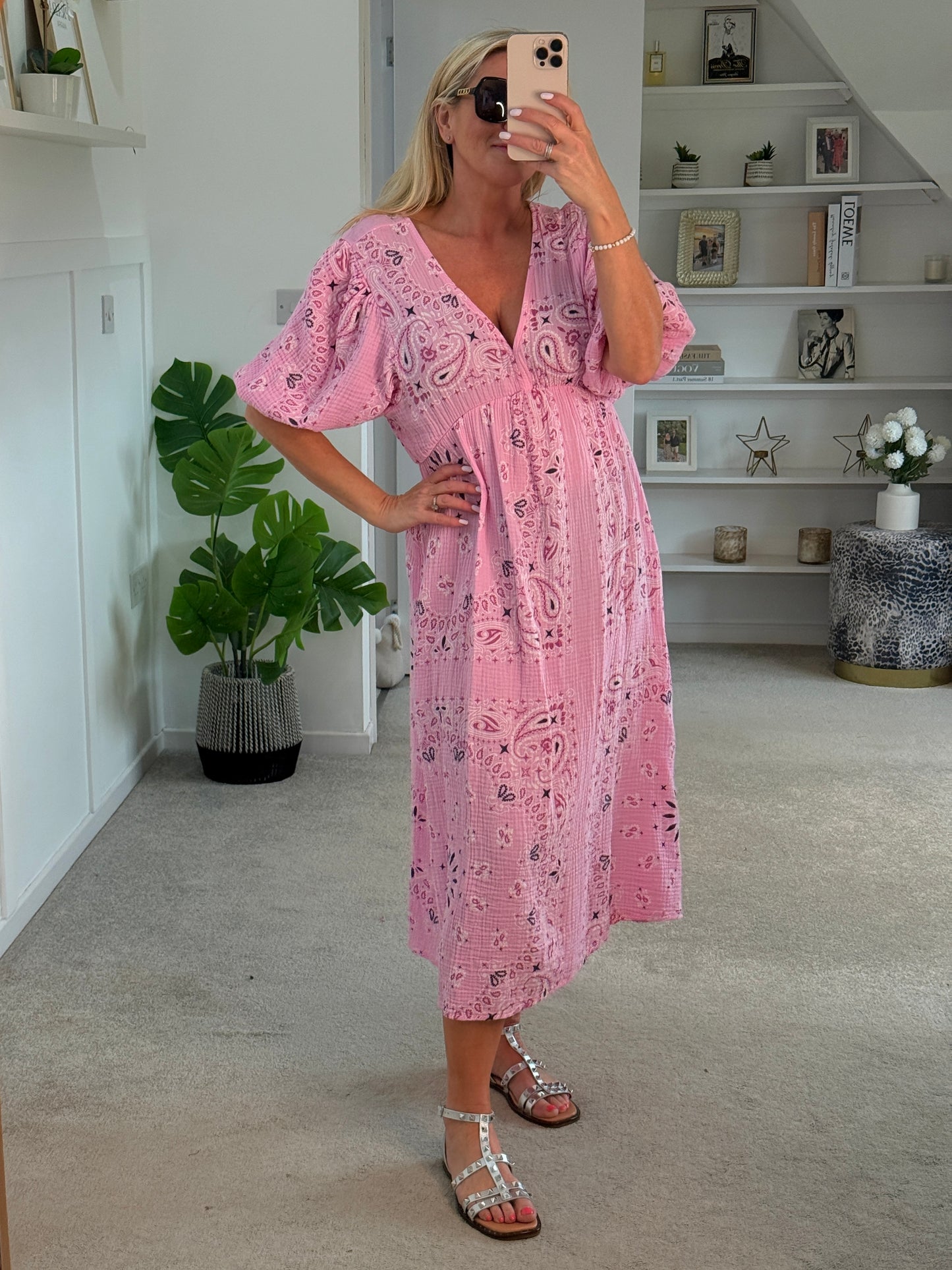 White Paisley Print Cheesecloth Midi Dress