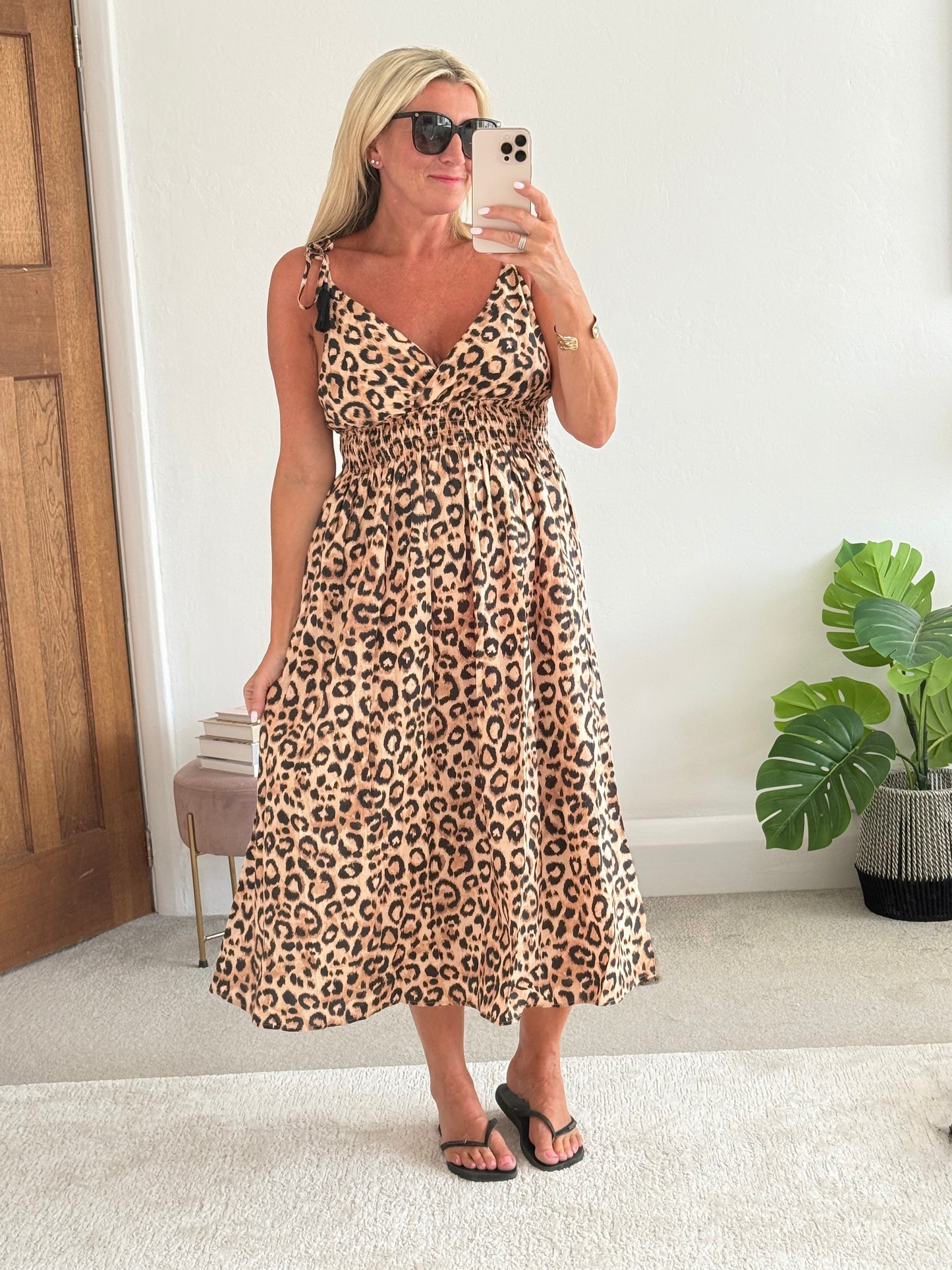 Leopard Tassel Tie Shoulder Midi Dress