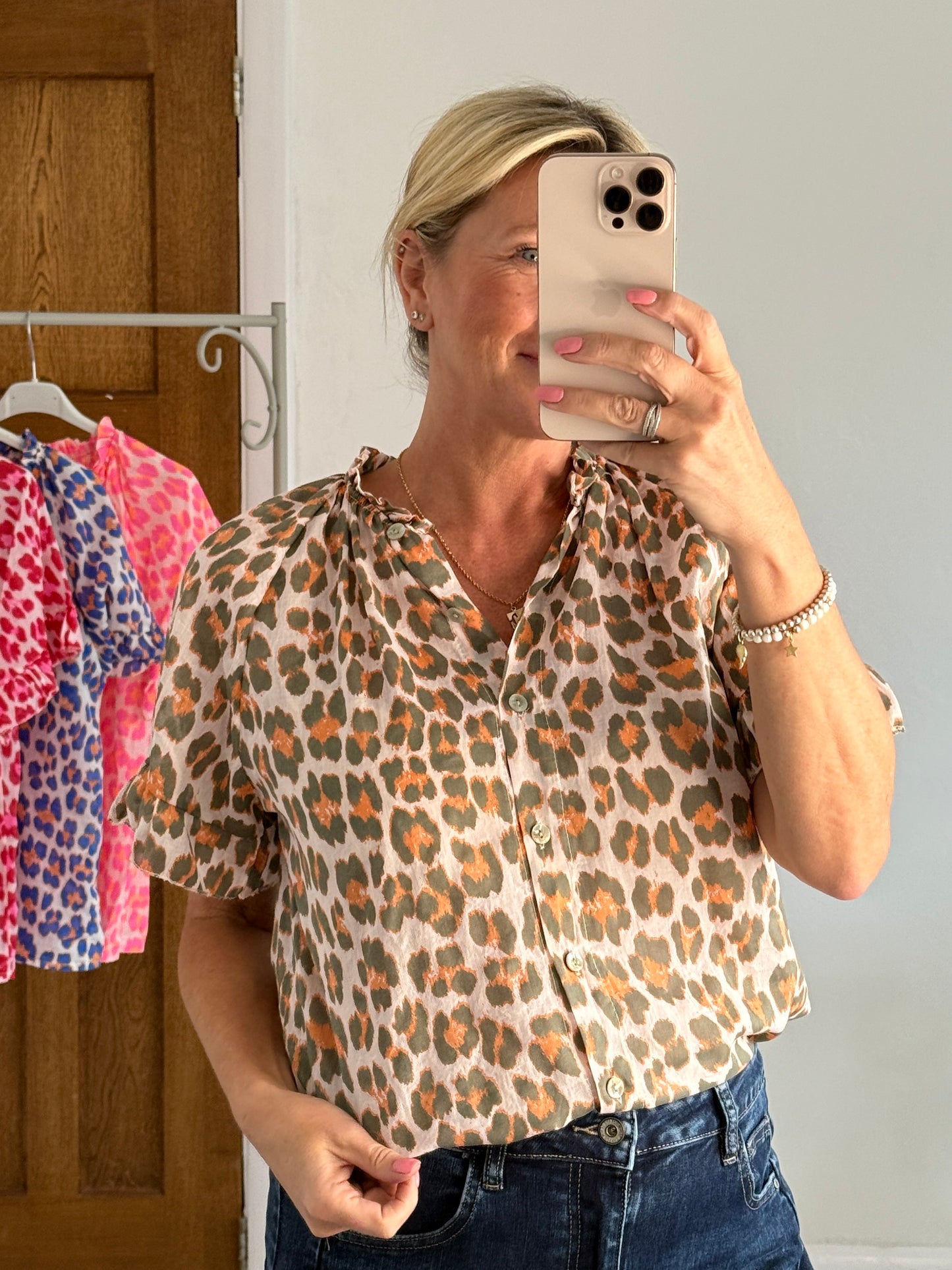 Khaki/Orange Leopard Frill Sleeve Blouse