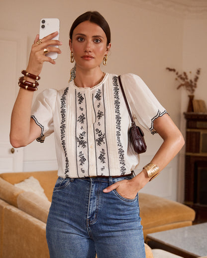 Cream Embroidered Puff Sleeve Blouse
