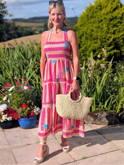 Pink/Orange Gingham/Palm Shirred Maxi Dress