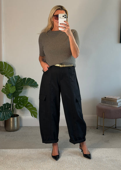 Black Barrel Leg Cargo Trousers