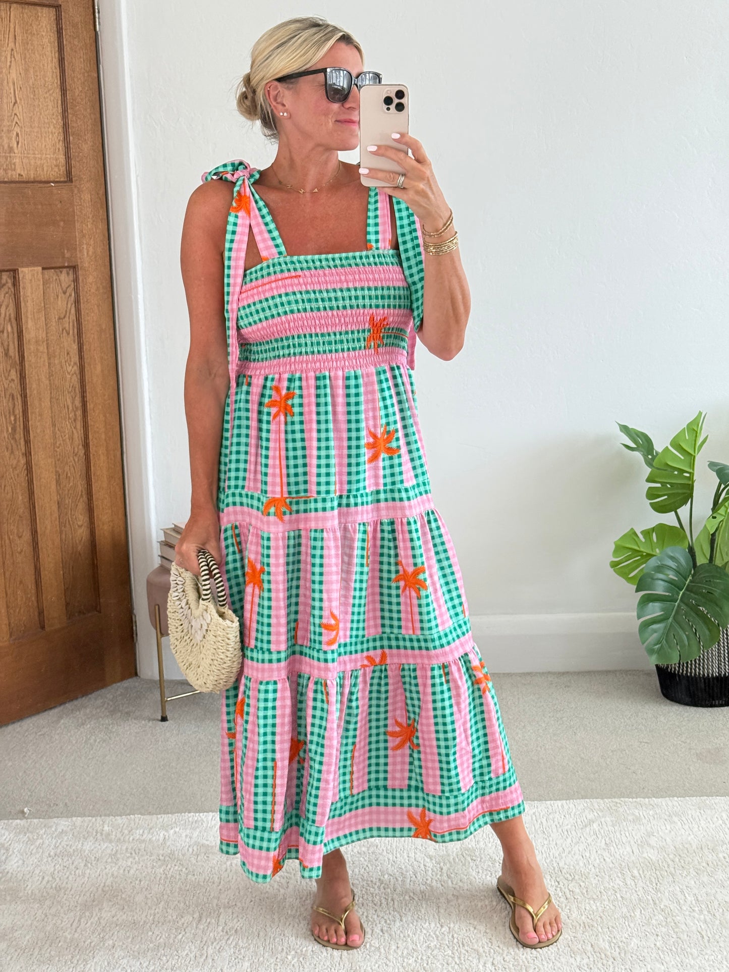 Green/Pink Gingham/Palm Shirred Maxi Dress