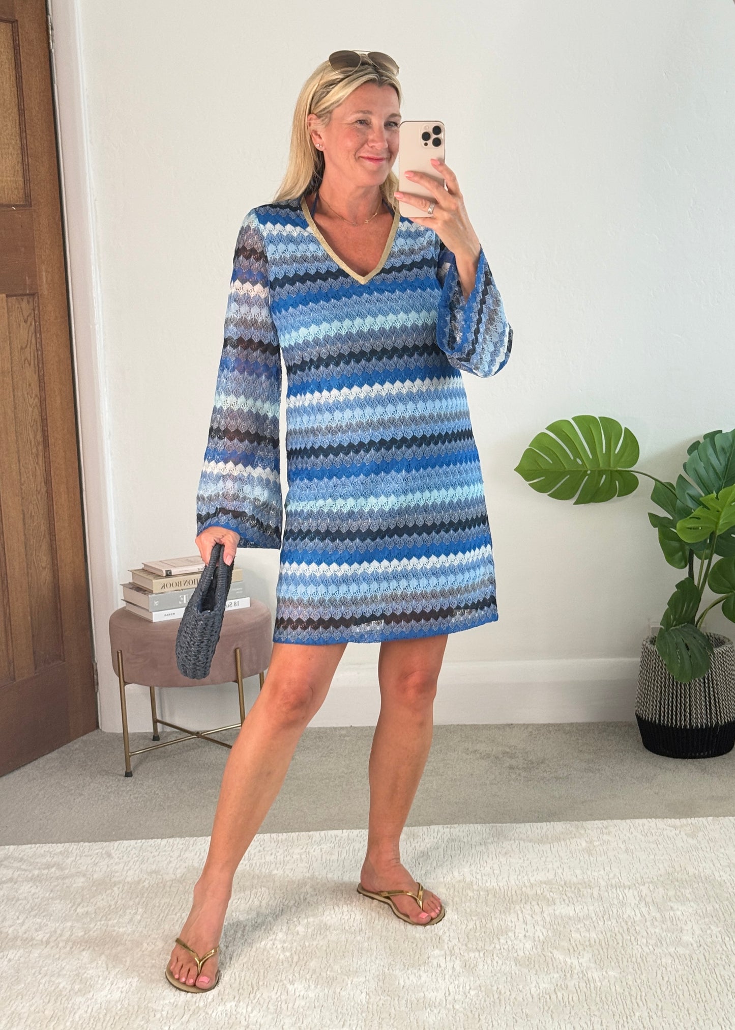 Blue Wavy Crochet Shift Dress