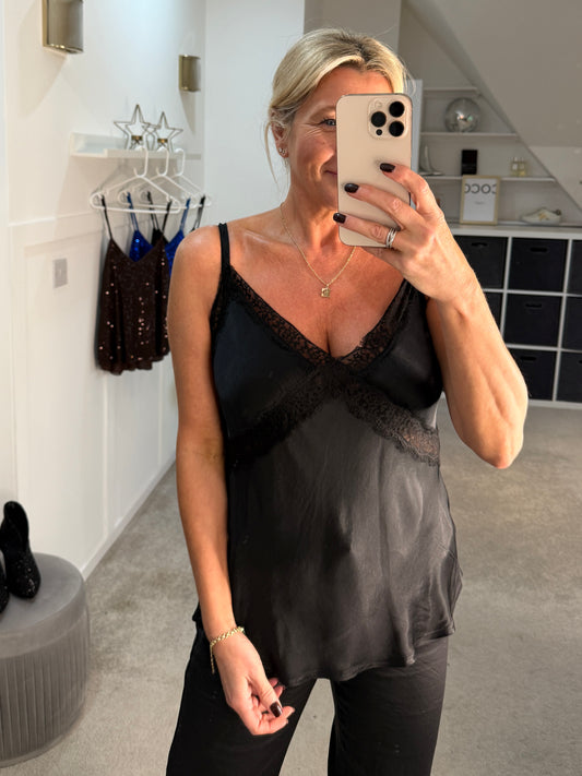 Black Lace Satin Cami Top