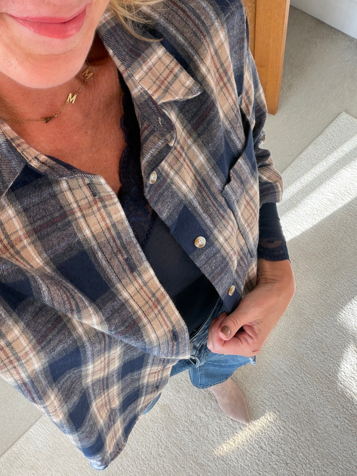 Navy Check Brushed Cotton Blend Shirt