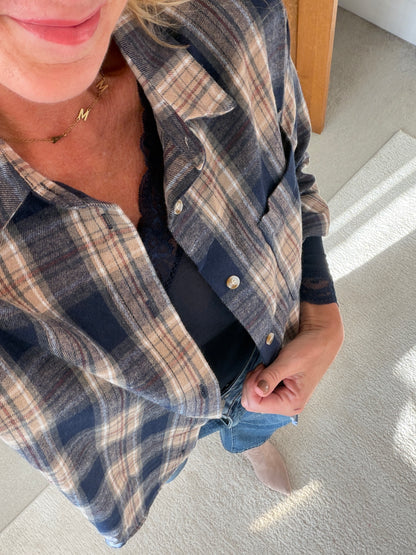 Navy Check Brushed Cotton Blend Shirt