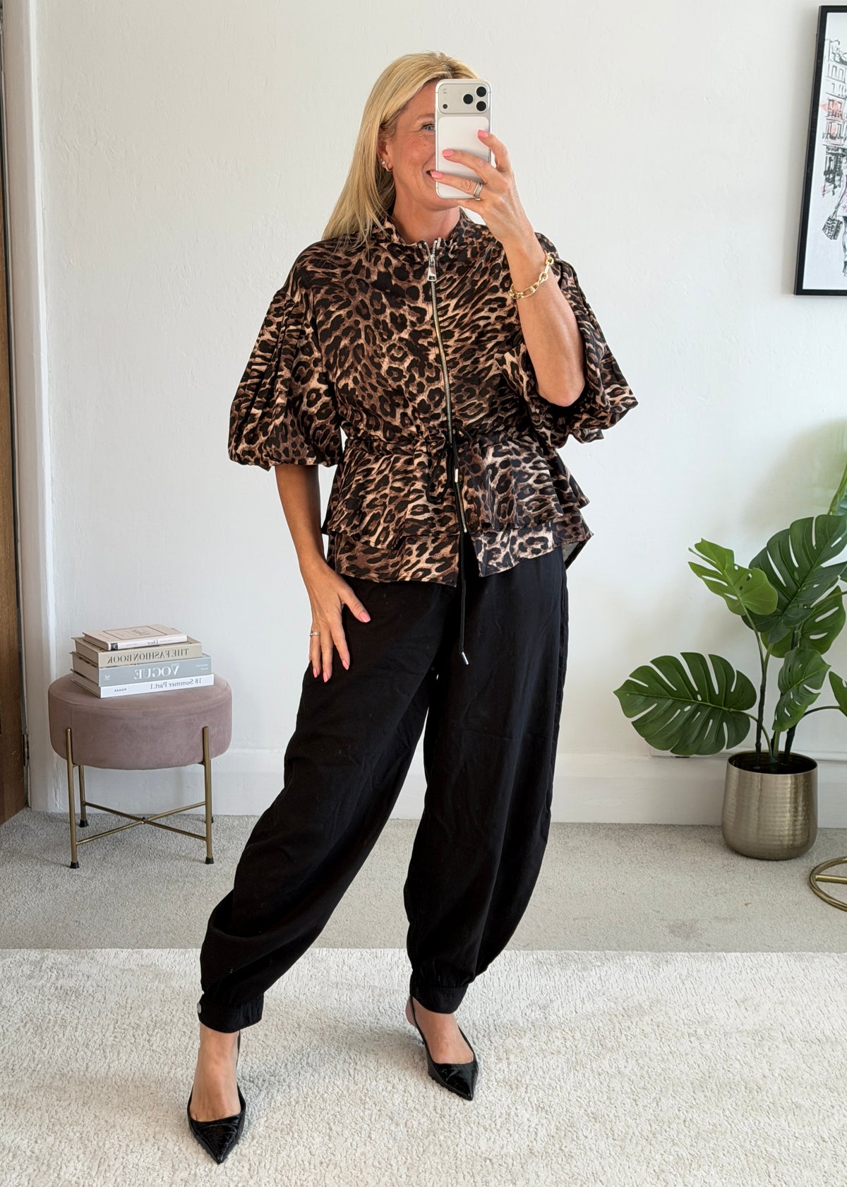 Leopard Balloon Sleeve Peplum Jacket