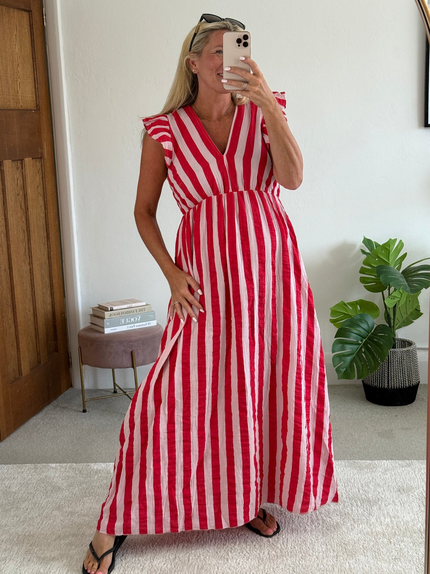 Pink/Red Stripe Cheesecloth Frill Sleeve Maxi Dress
