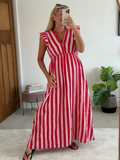 Pink/Red Stripe Cheesecloth Frill Sleeve Maxi Dress