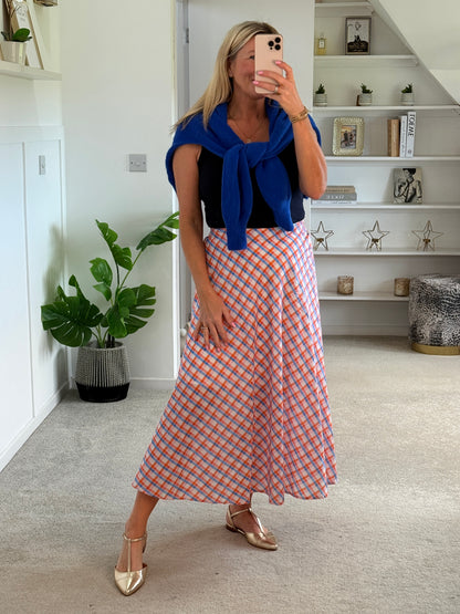 Orange/Blue Retro Check Flared Midi Skirt